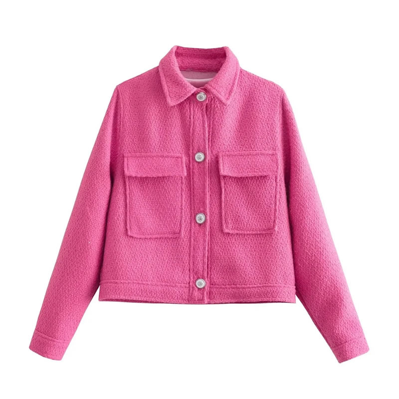 Fashion Rose Red Woven Textured Lapel Buttoned Jacket  Woven,Coat-Jacket