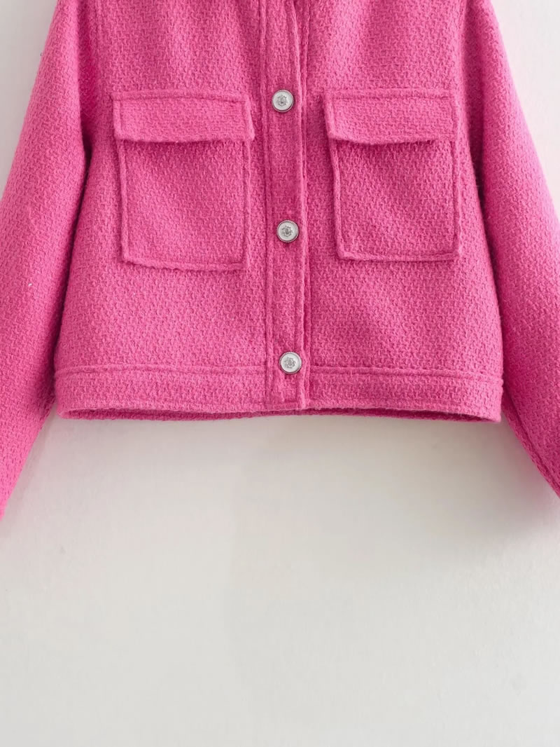 Fashion Rose Red Woven Textured Lapel Buttoned Jacket  Woven,Coat-Jacket