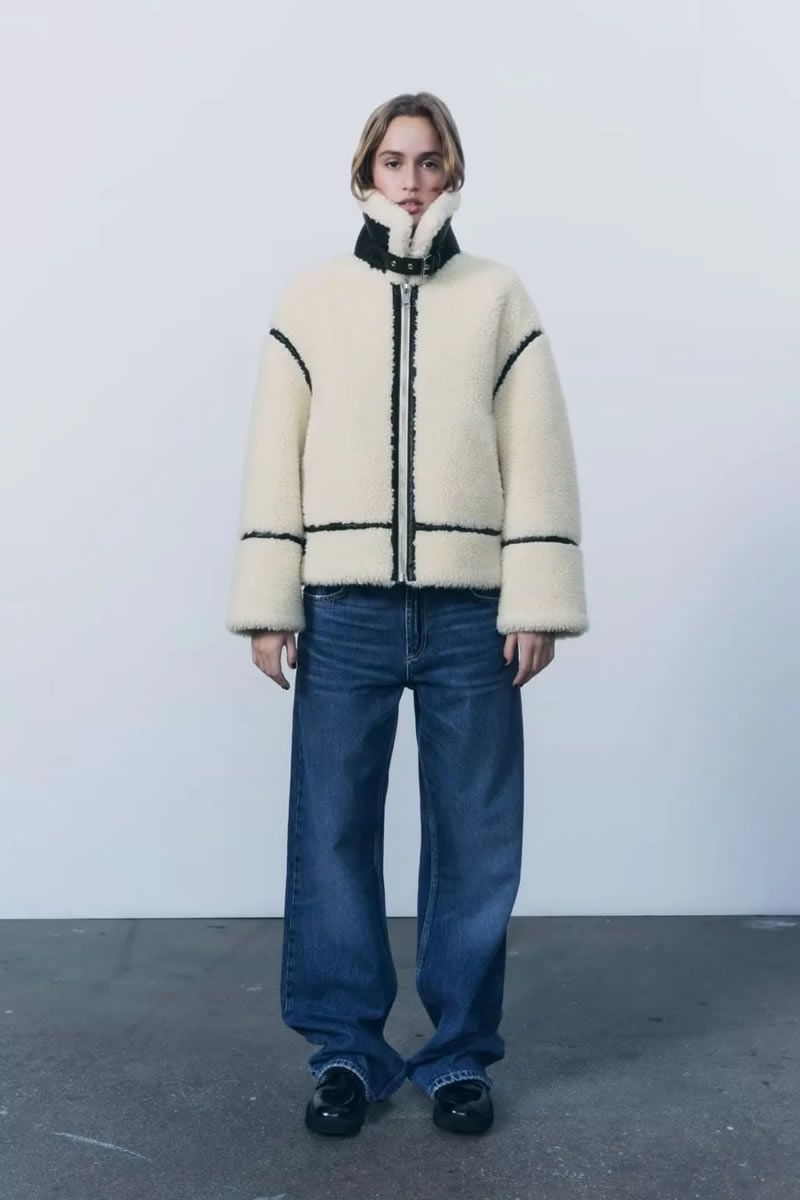 Fashion Beige Lambswool Stand Collar Jacket  Lambswool,Coat-Jacket