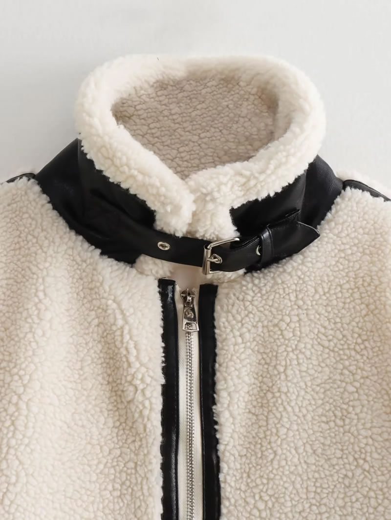 Fashion Beige Lambswool Stand Collar Jacket  Lambswool,Coat-Jacket