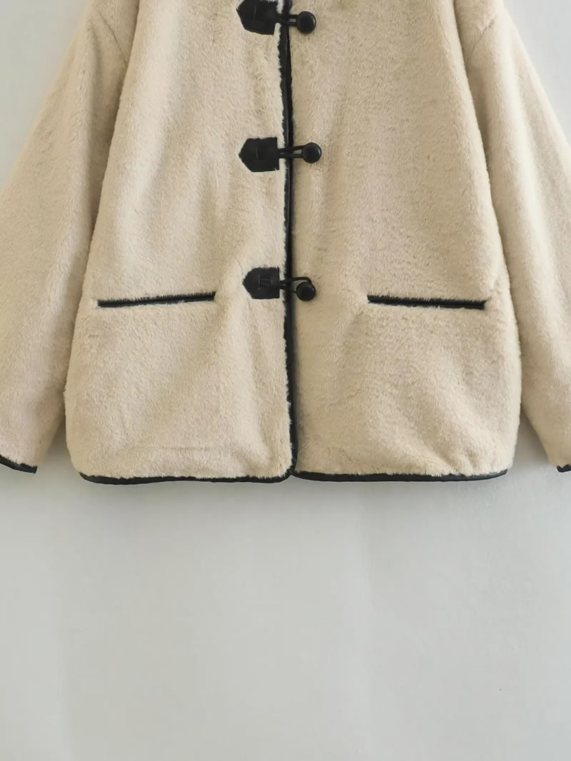 Fashion Beige Faux Fur Buttoned Crew Neck Jacket  Imitation Fur,Coat-Jacket
