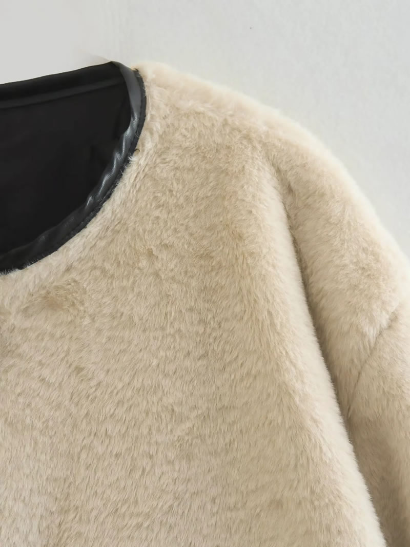 Fashion Beige Faux Fur Buttoned Crew Neck Jacket  Imitation Fur,Coat-Jacket