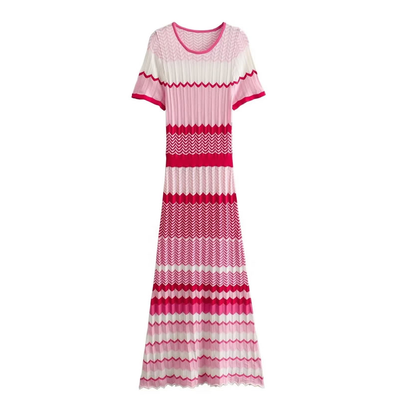 Fashion Rose Red Knitted Wave Pattern Round Neck Long Skirt  Knitting,Long Dress
