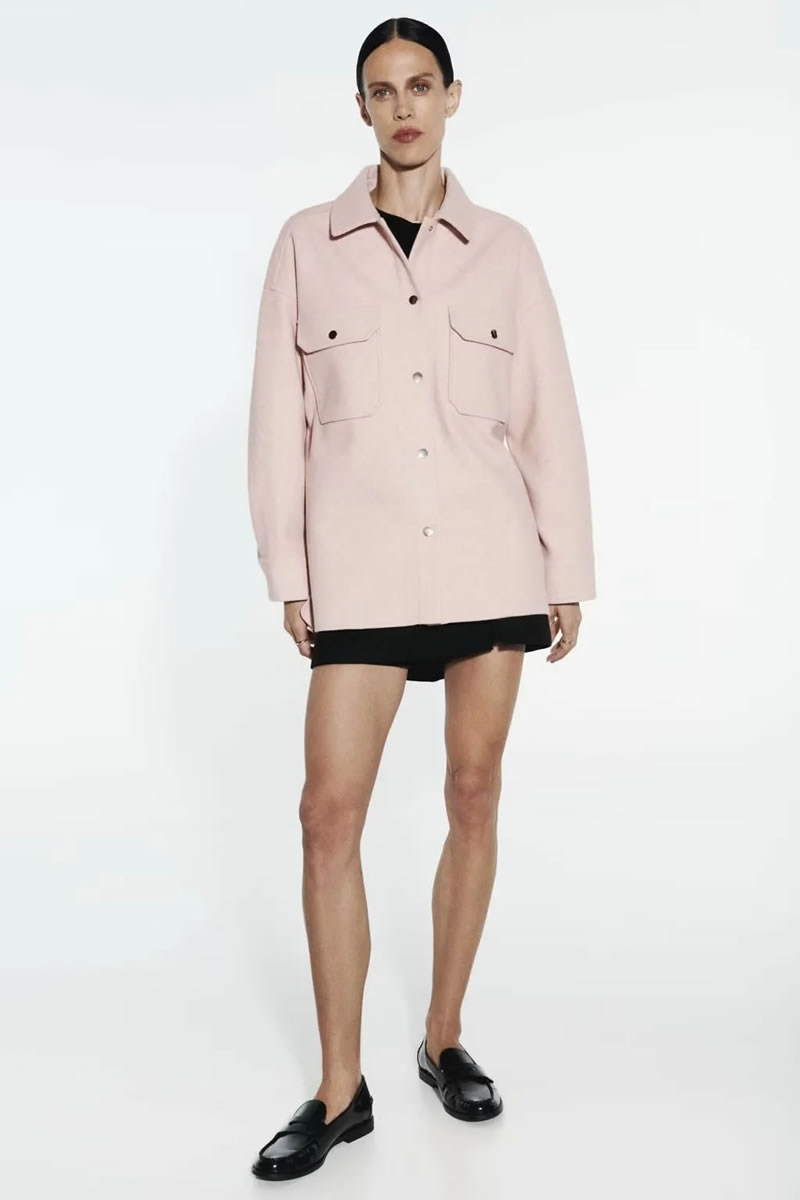 Fashion Pink Lapel Buttoned Slit Jacket  Woolen Cloth,Coat-Jacket