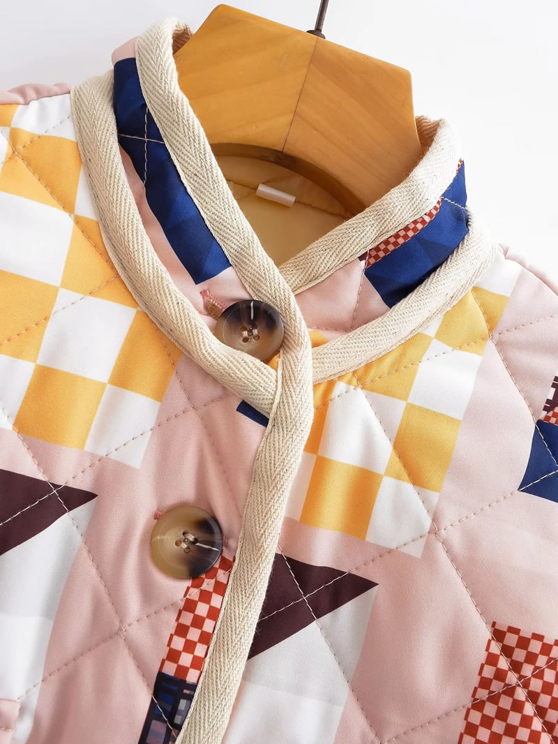 Fashion Color Diamond Print Cotton-breasted Jacket  Woven,Coat-Jacket