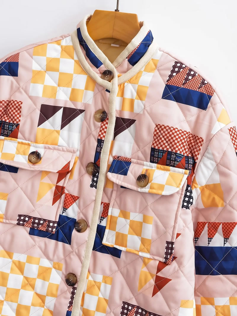 Fashion Color Diamond Print Cotton-breasted Jacket  Woven,Coat-Jacket