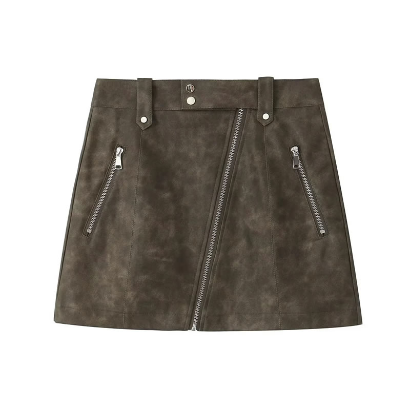Fashion Green Faux Leather Zipper Skirt  Polyester,Skirts
