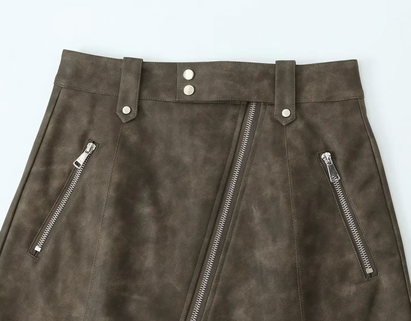 Fashion Green Faux Leather Zipper Skirt  Polyester,Skirts