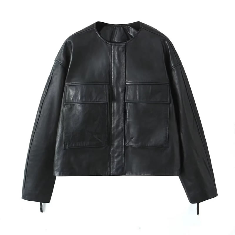 Fashion Black Leather Buttoned Crew Neck Jacket  Polyester,Coat-Jacket