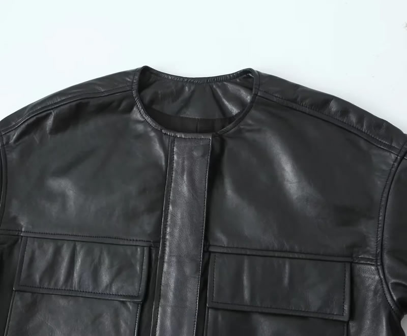 Fashion Black Leather Buttoned Crew Neck Jacket  Polyester,Coat-Jacket