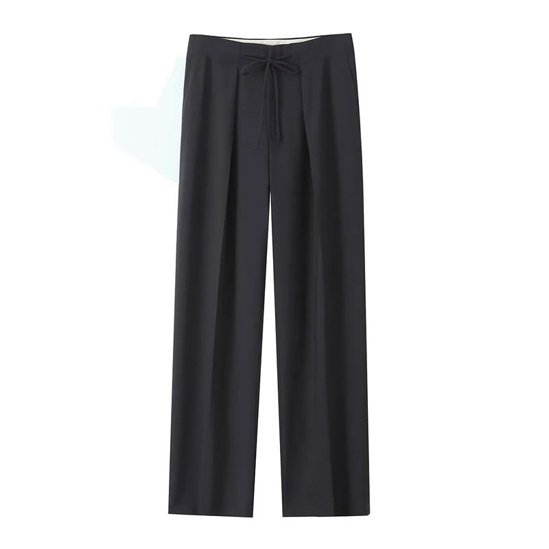 Fashion Black Polyester Lace-up Micro-pleated Trousers  Polyester,Pants