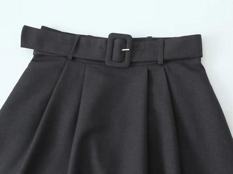 Fashion Black Polyester Belted Pleated Skirt  Polyester,Skirts