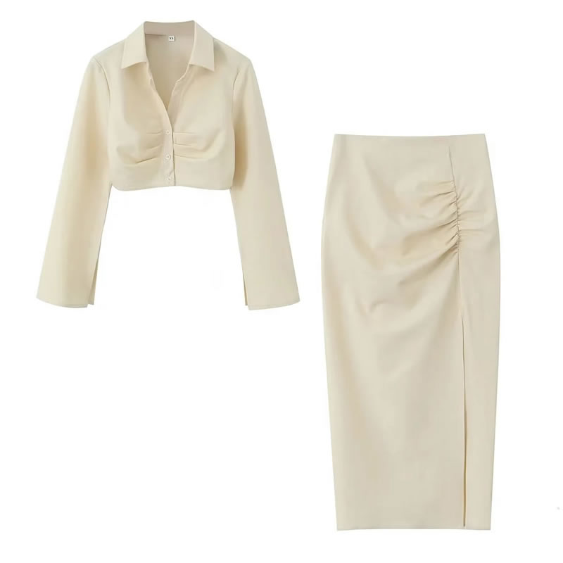Fashion Beige Polyester Lapel Smocked Shirt Slit Skirt Suit,Blouses