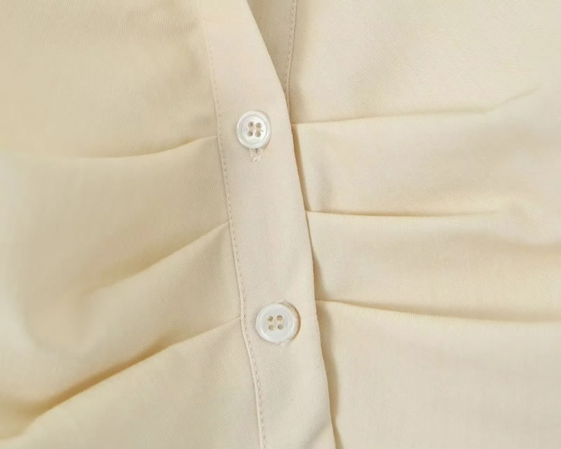 Fashion Beige Polyester Lapel Smocked Shirt Slit Skirt Suit,Blouses