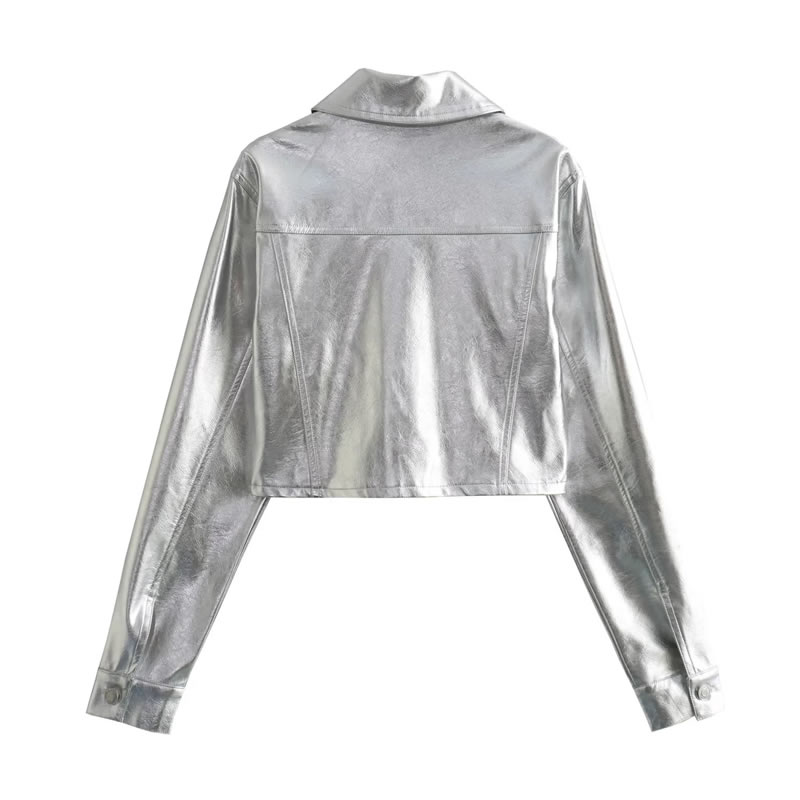 Fashion Silver Leather Lapel Buttoned Jacket,Coat-Jacket