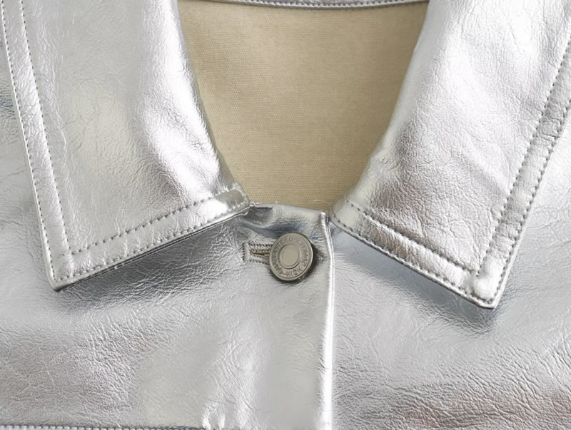 Fashion Silver Leather Lapel Buttoned Jacket,Coat-Jacket