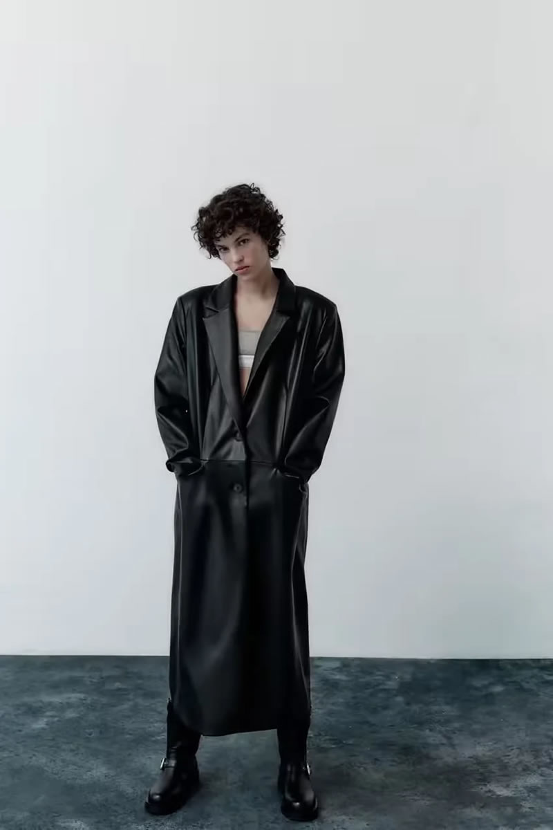 Fashion Black Imitation Leather Lapel Coat,Coat-Jacket