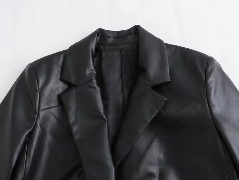 Fashion Black Imitation Leather Lapel Coat,Coat-Jacket