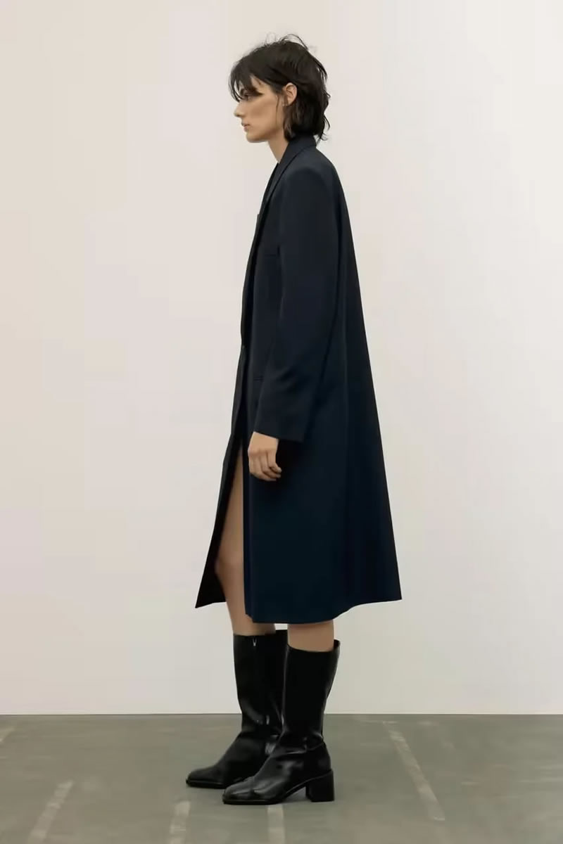 Fashion Dark Blue Blended Lapel Coat,Coat-Jacket