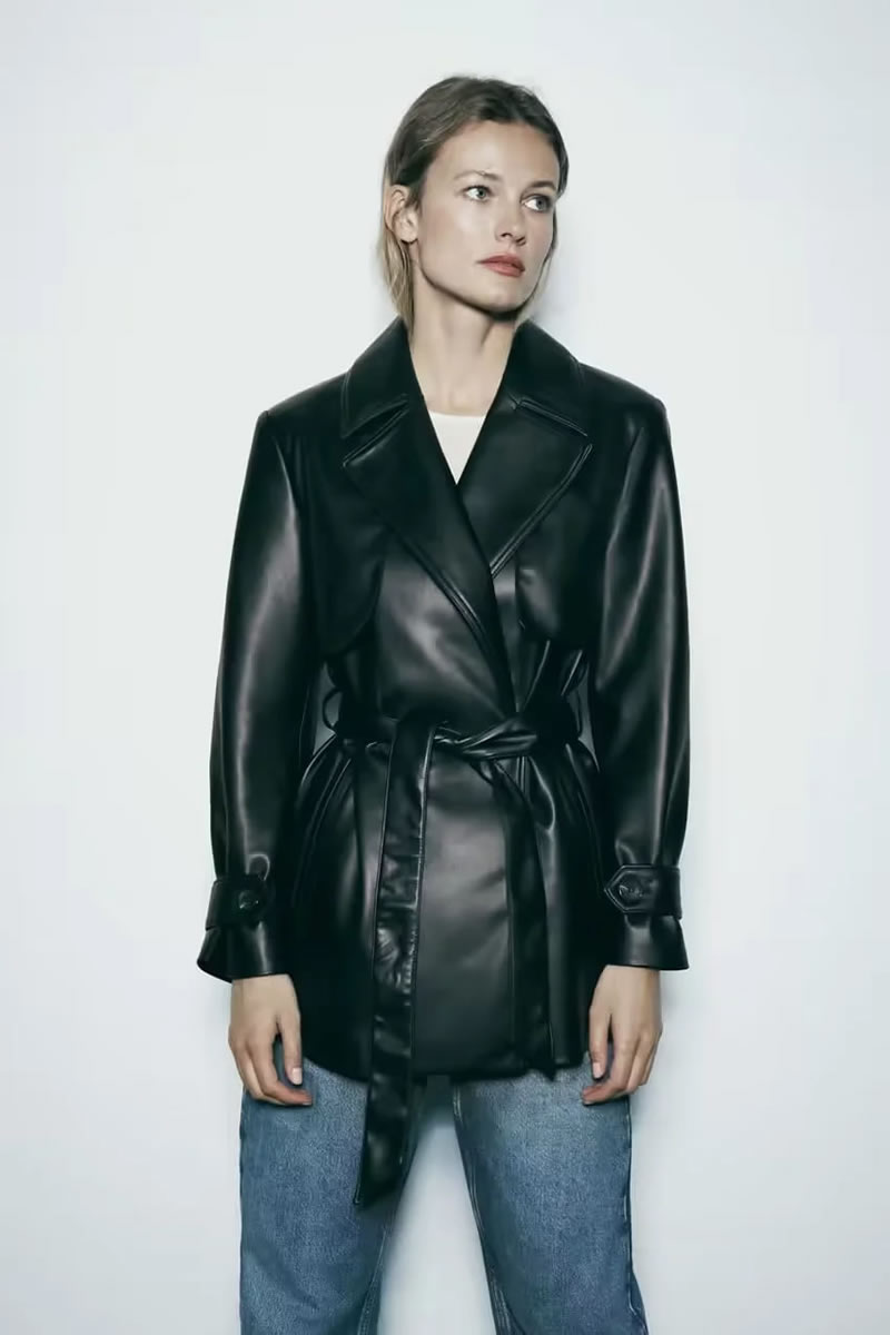 Fashion Black Faux Leather Lapel Lace-up Trench Coat,Coat-Jacket