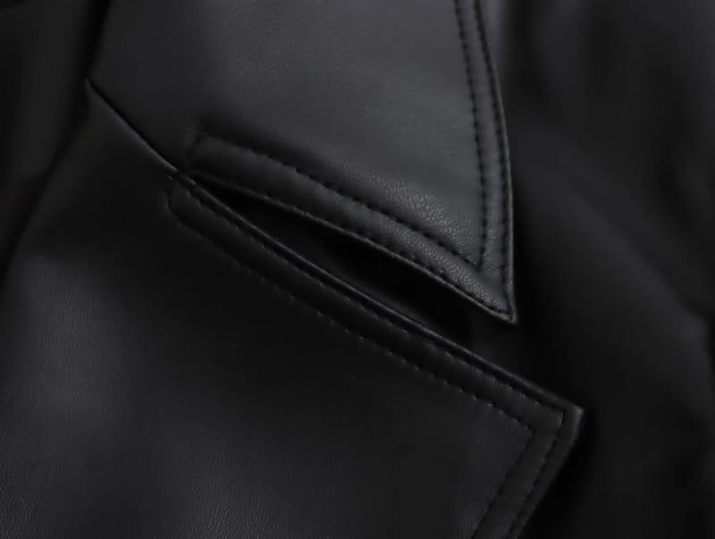Fashion Black Faux Leather Lapel Lace-up Trench Coat,Coat-Jacket