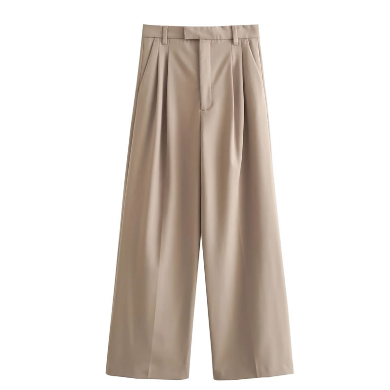 Fashion Khaki Polyester Pleated Straight-leg Trousers,Pants