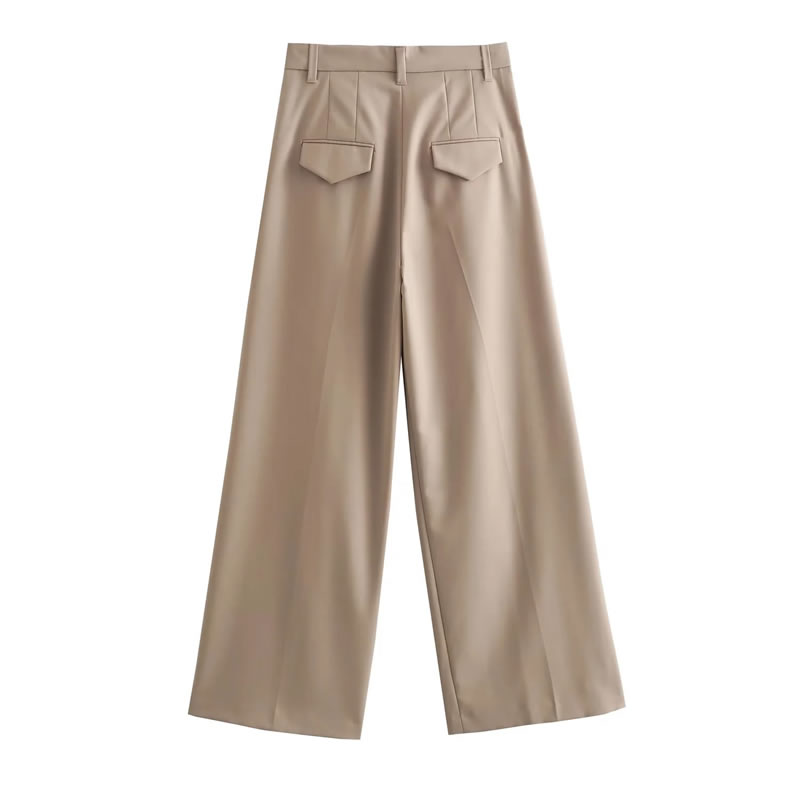 Fashion Khaki Polyester Pleated Straight-leg Trousers,Pants