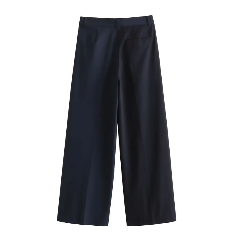 Fashion Navy Blue Polyester Pleated Straight-leg Trousers,Skirts