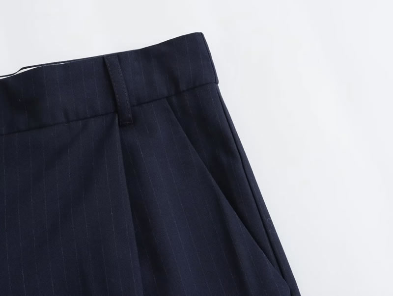 Fashion Navy Blue Polyester Pleated Straight-leg Trousers,Skirts