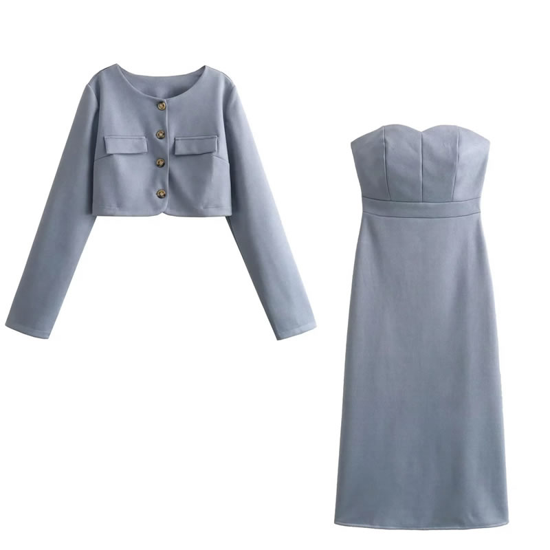 Fashion Grey Woven Round Neck Buttoned Jacket Tube Top And Knee Length Dress Suit,Coat-Jacket