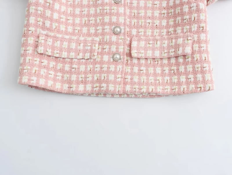Fashion Pink Woolen Plaid Plush Lapel Buttoned Jacket And Skirt Suit,Coat-Jacket