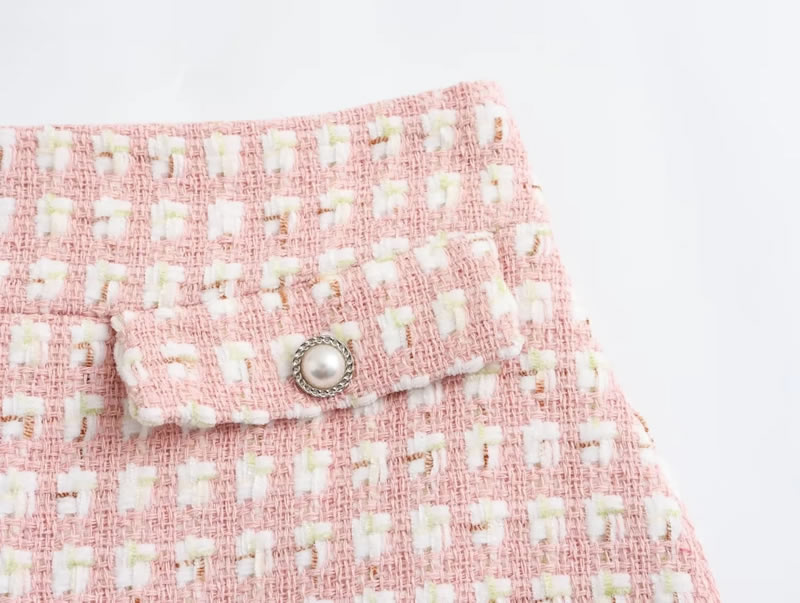 Fashion Pink Woolen Plaid Plush Lapel Buttoned Jacket And Skirt Suit,Coat-Jacket