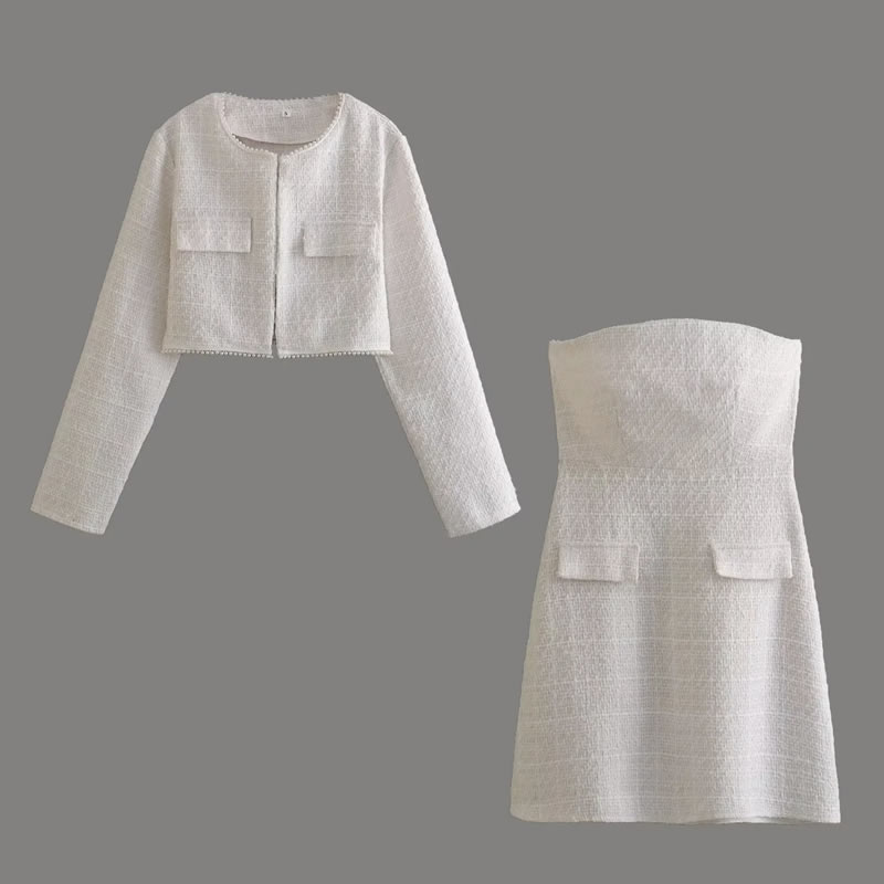 Fashion White Woolen Round Neck Jacket Strapless Pocket Embellished Skirt Suit,Coat-Jacket