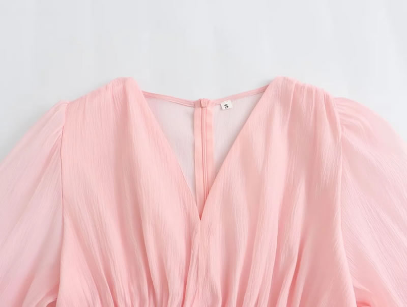 Fashion Pink Polyester Puff Sleeve V-neck Dress,Long Dress