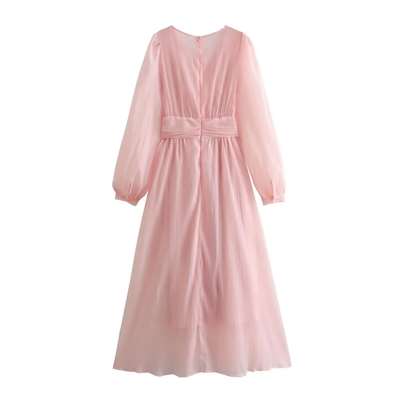 Fashion Pink Polyester Puff Sleeve V-neck Dress,Long Dress