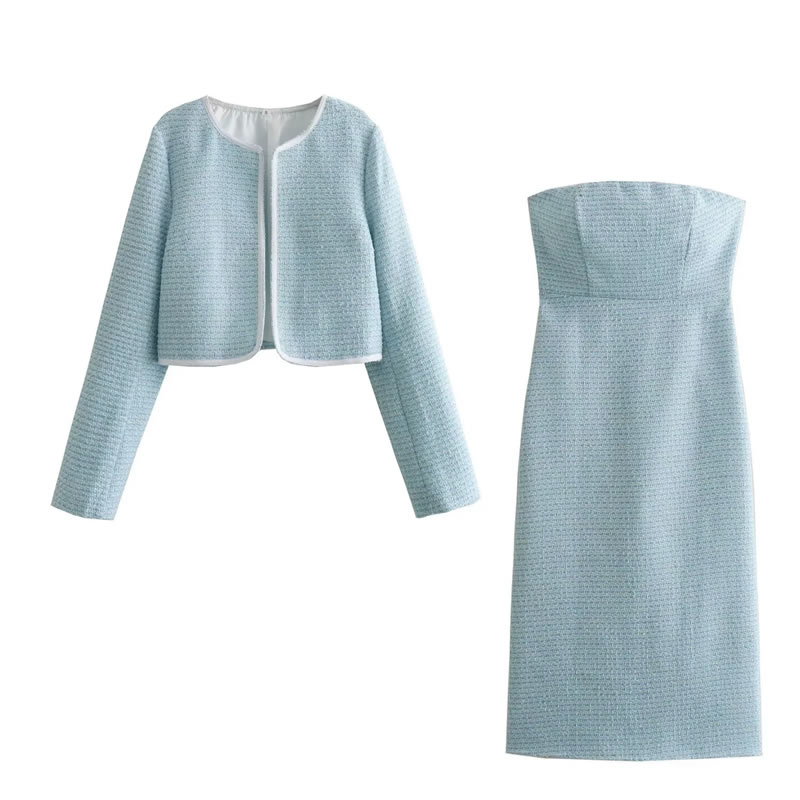 Fashion Blue Woolen Round Neck Jacket And Tube Top Skirt Suit,Coat-Jacket