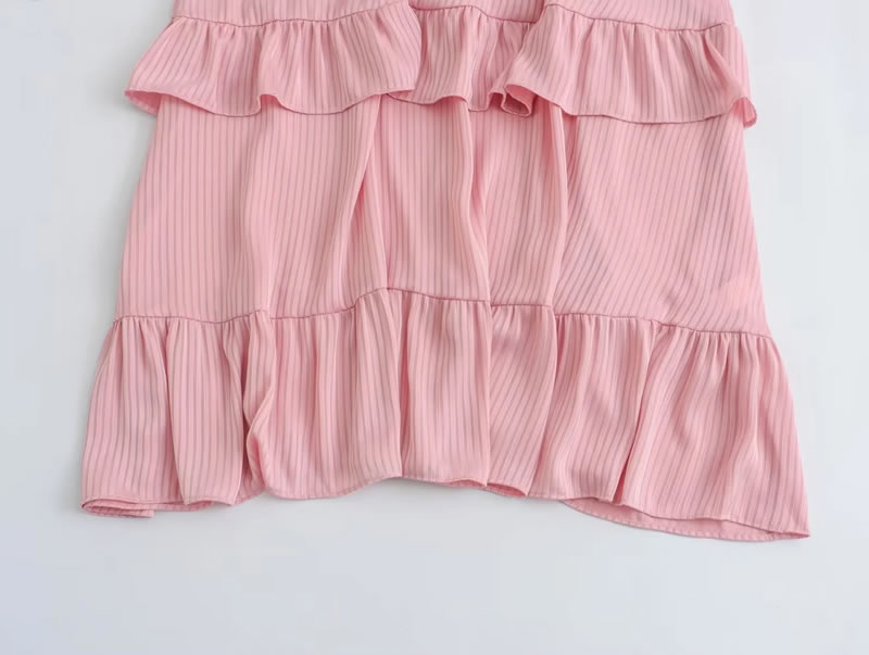 Fashion Pink Polyester Laminated V-neck Pleated Maxi Skirt,Long Dress
