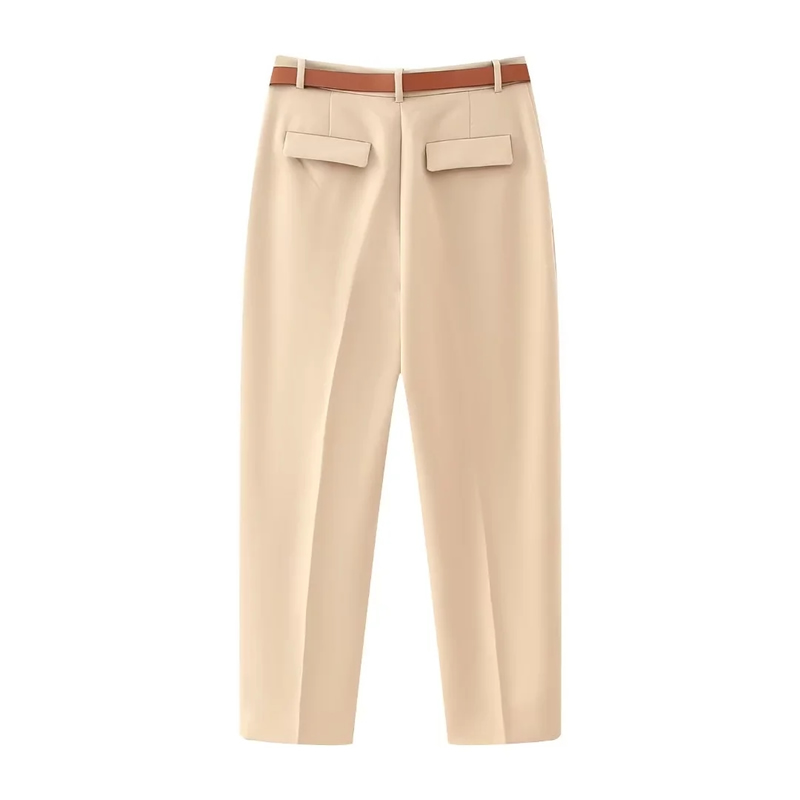 Fashion Khaki Polyester Belted Micro-pleated Leggings Trousers,Pants