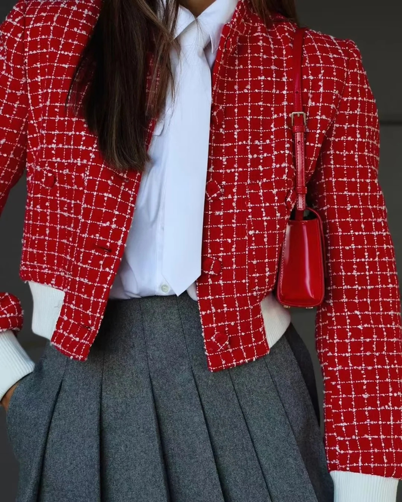 Fashion Red Polyester Plaid Stand Collar Buttoned Jacket,Coat-Jacket