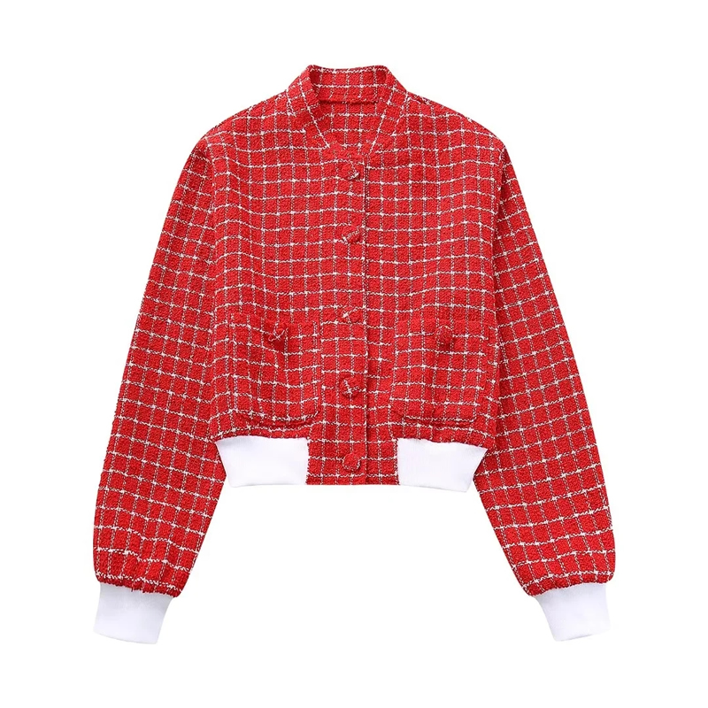 Fashion Red Polyester Plaid Stand Collar Buttoned Jacket,Coat-Jacket