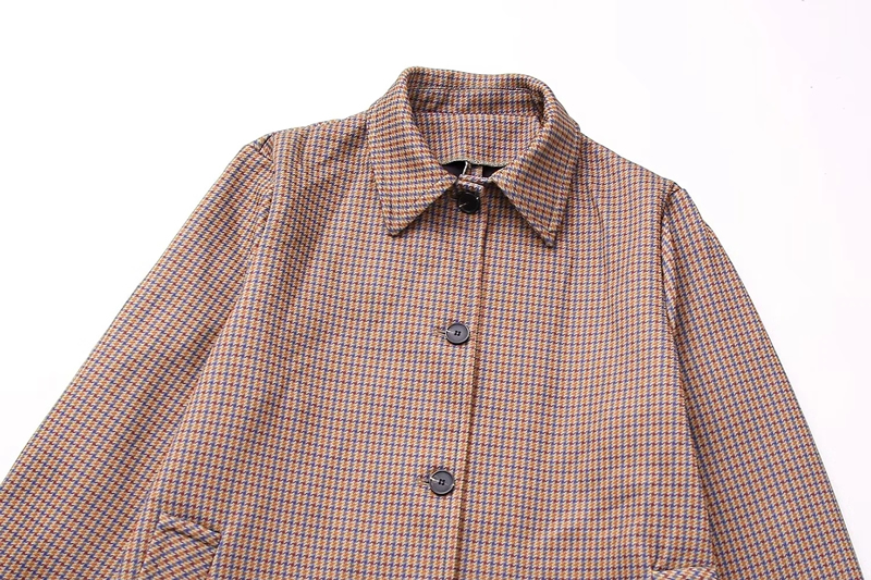 Fashion Brown Polyester Lapel Plaid Buttoned Jacket,Coat-Jacket