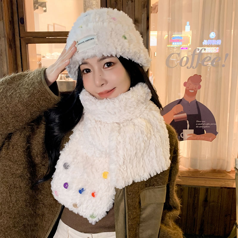 Fashion Scarf + Hat Colorful Button Plush Scarf + Patch Hood,knitting Wool Scaves