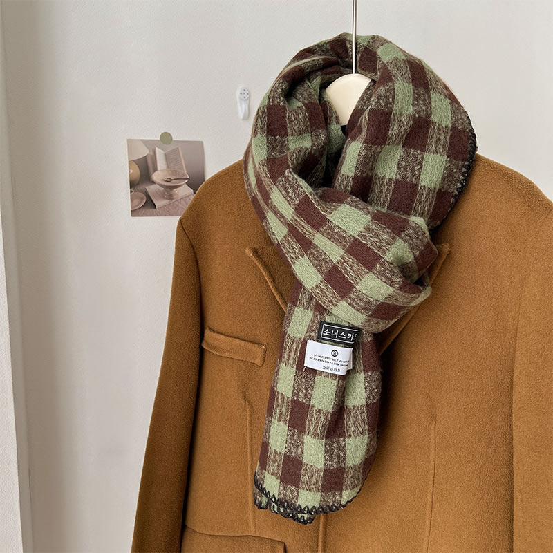Fashion Green Plaid Polyester Plaid Patch Scarf,knitting Wool Scaves