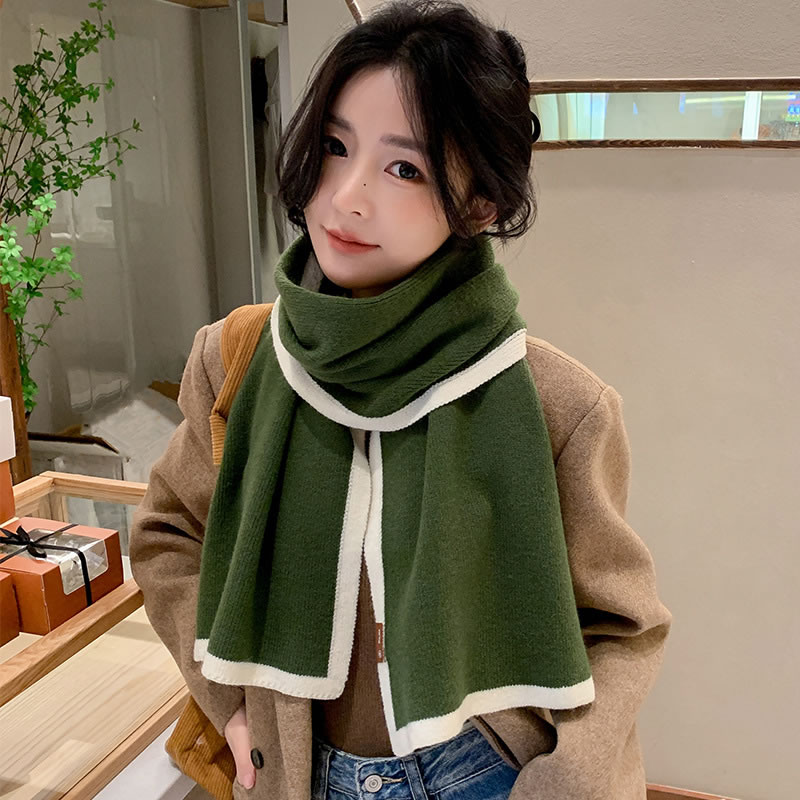 Fashion Avocado Green Polyester Color Block Patch Scarf,knitting Wool Scaves