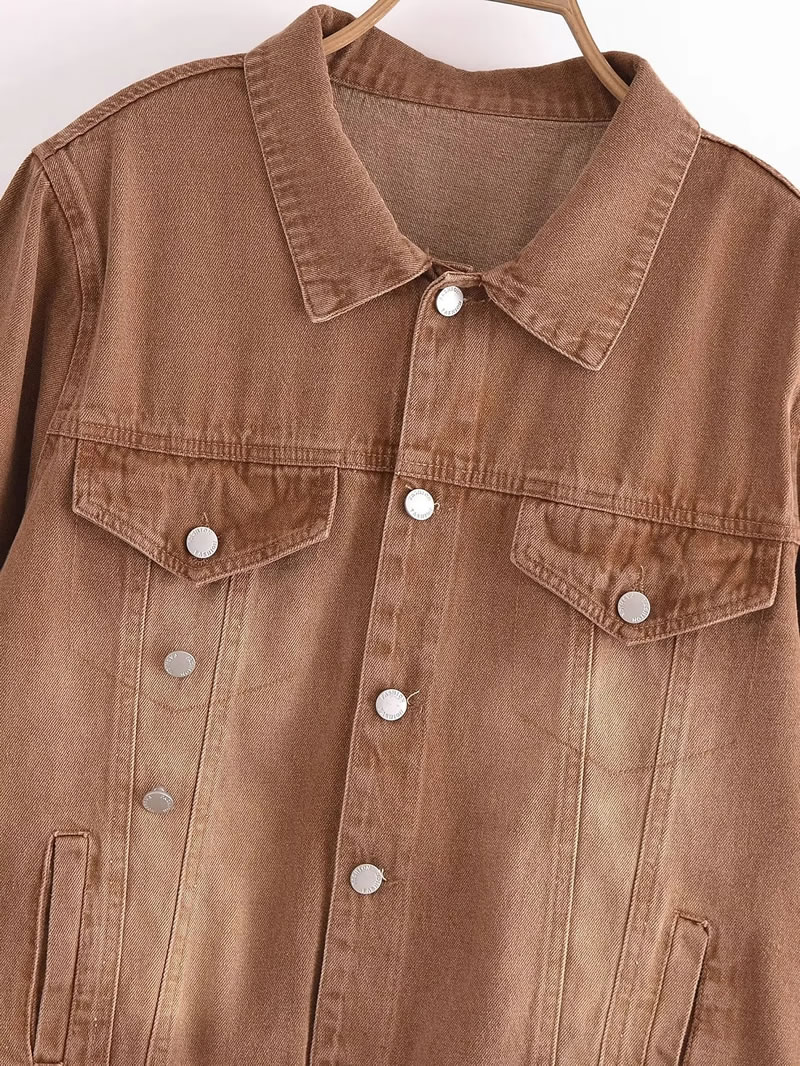 Fashion Coffee Color Denim Lapel Buttoned Jacket  Cowboy,Coat-Jacket