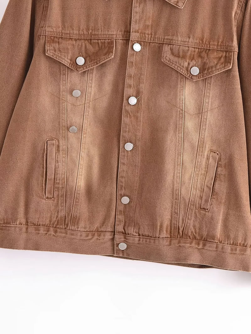 Fashion Coffee Color Denim Lapel Buttoned Jacket  Cowboy,Coat-Jacket