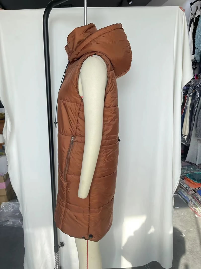 Fashion Brown Polyester Stand Collar Hooded Cotton Vest Jacket  Polyester,Coat-Jacket