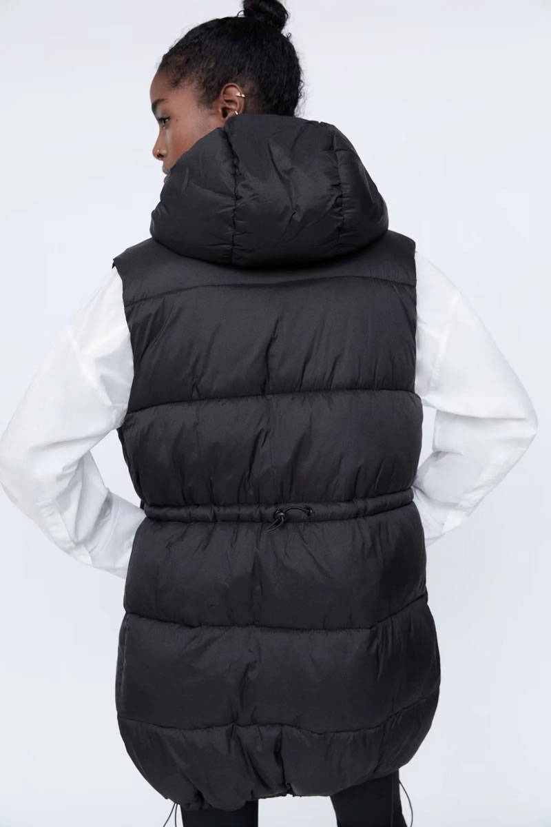 Fashion Black Polyester Stand Collar Hooded Cotton Vest Jacket  Polyester,Coat-Jacket