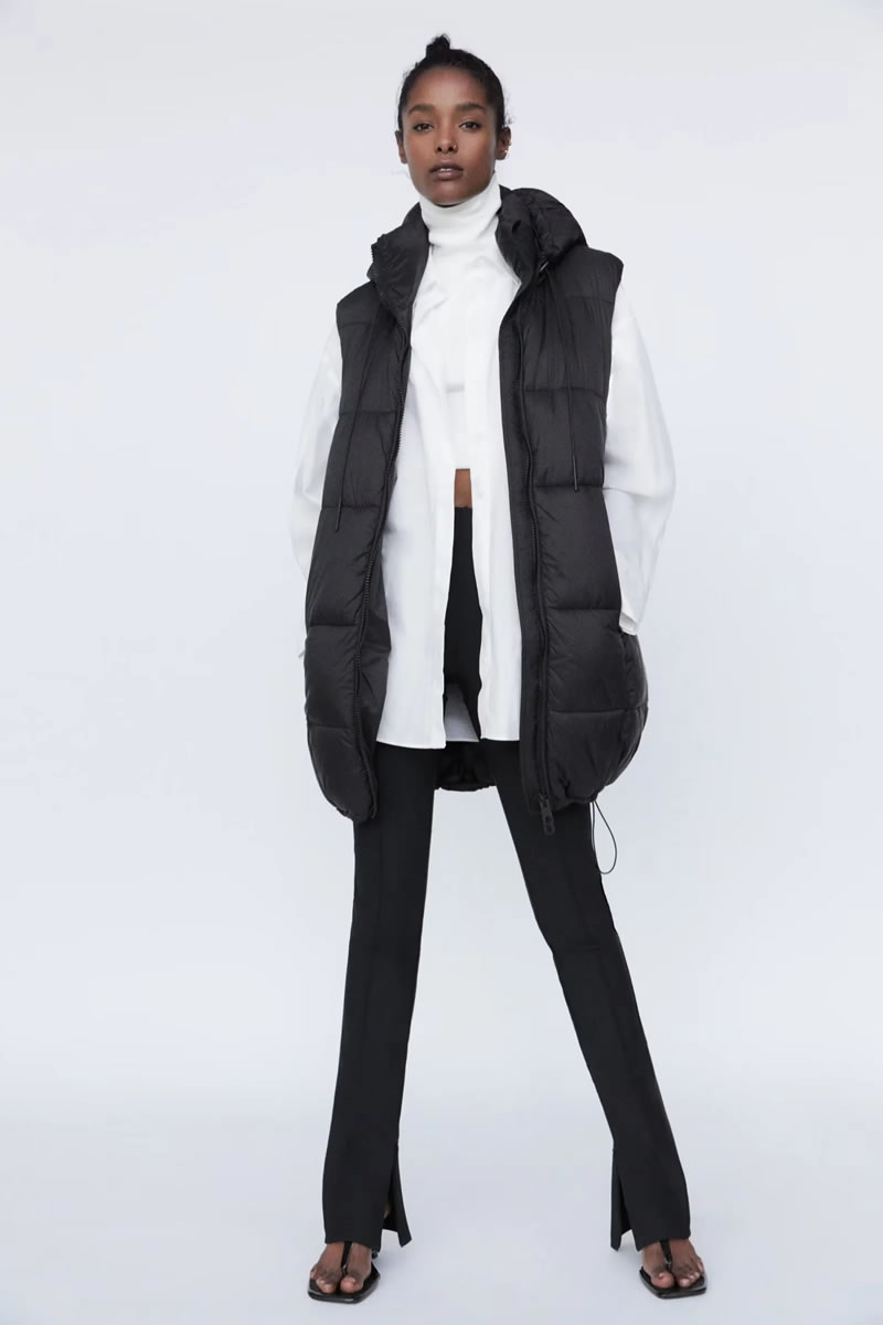 Fashion Black Polyester Stand Collar Hooded Cotton Vest Jacket  Polyester,Coat-Jacket