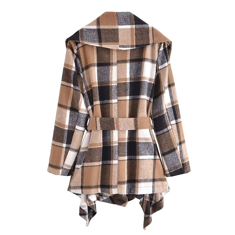 Fashion Brown Polyester Lapel Plaid Lace-up Coat  Polyester,Coat-Jacket
